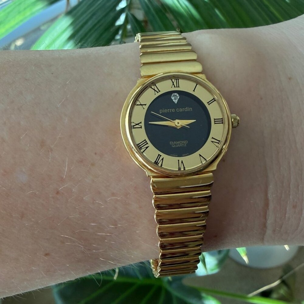 Pierre Cardin Womens Vintage Gold-Tone Diamond Quartz Watch Black, Japan movt